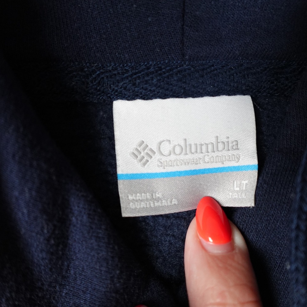 Columbia Hoodie Mens Large Tall Navy Blue Sleeve Logo Graphic Pullover Fleece - Picture 4 of 7